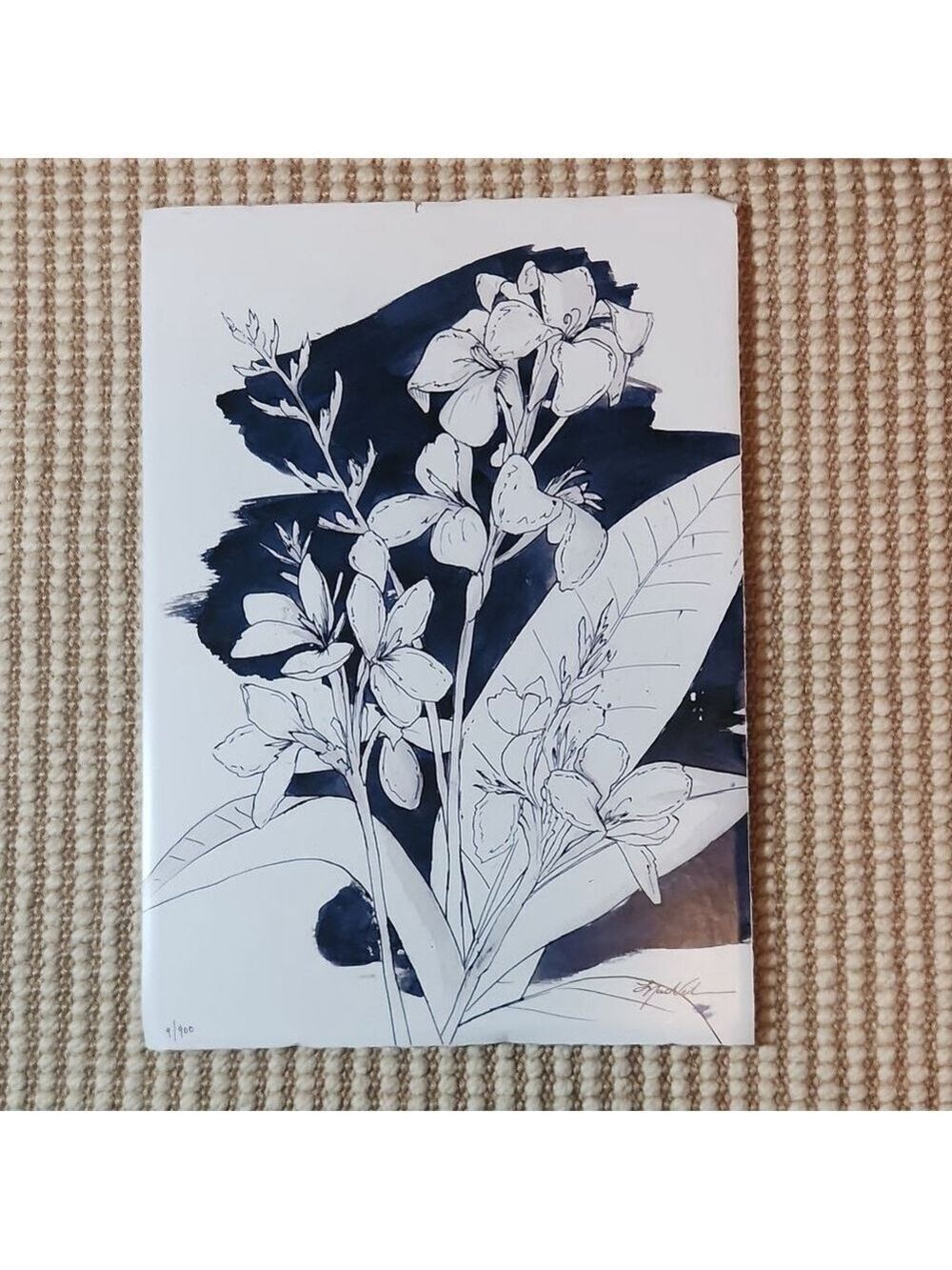 MadNeil Drawing & Illustration 15x21in White Navy Blue Floral Art Signed Print